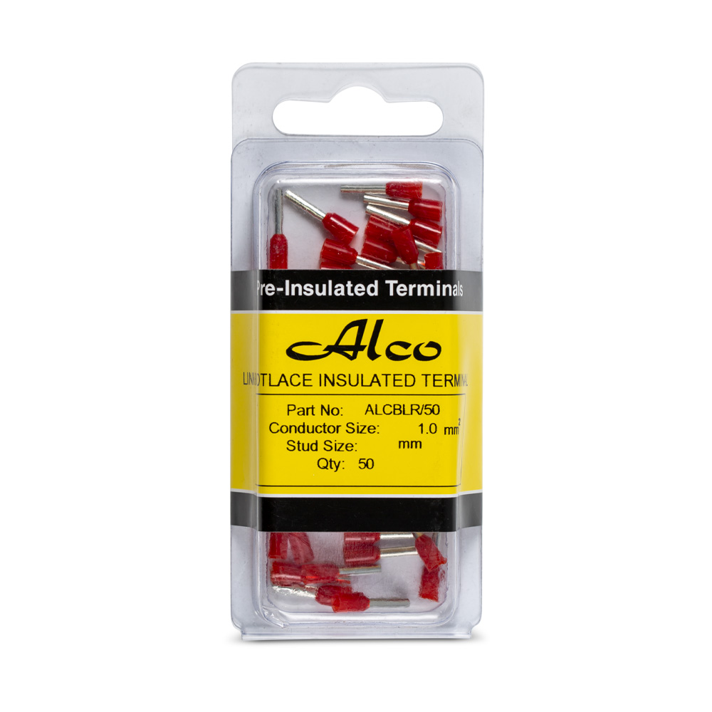 Bootlace Terminal Pre-Insulated Red 1mm² Length 8mm 50 Pack | Alco