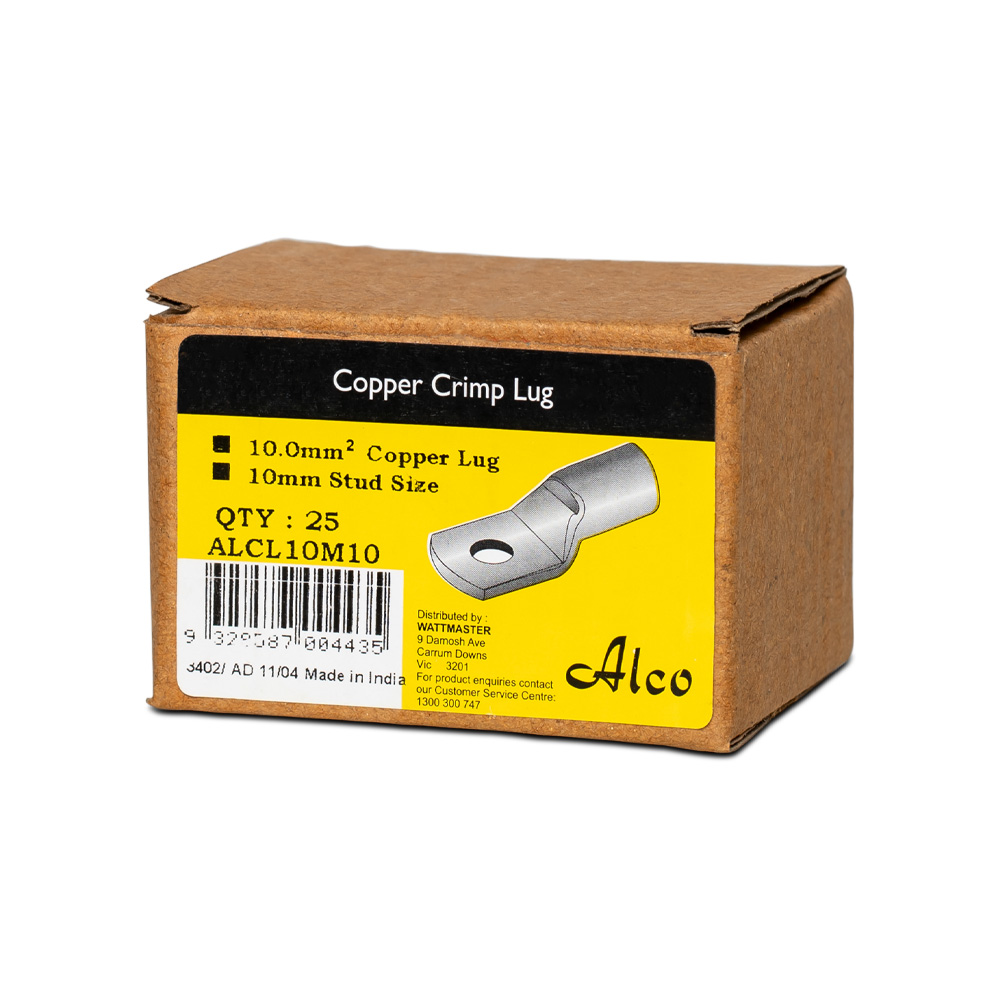 Crimp Lug Copper Standard Non Insulated 10mm² M10 Stud | Alco