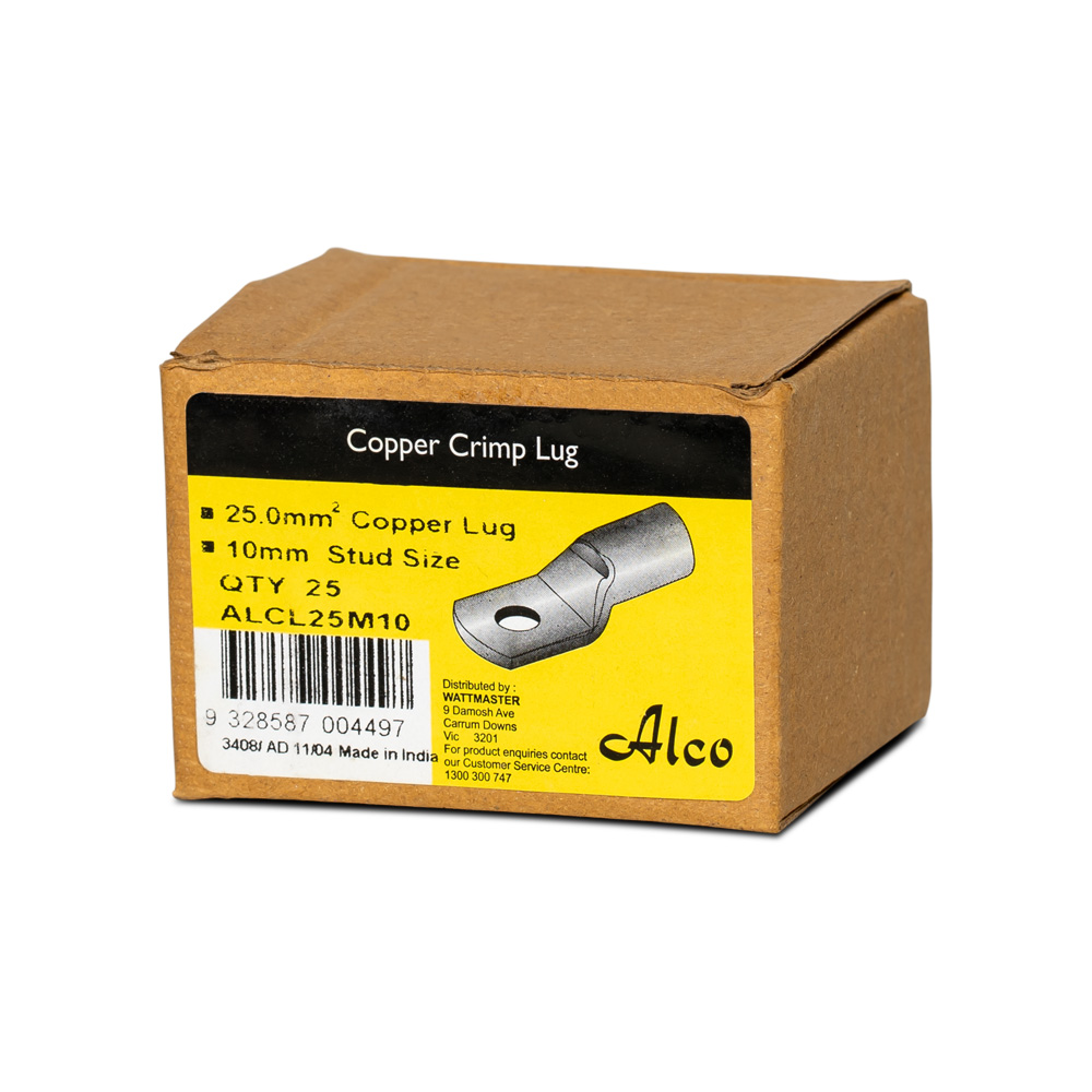 Crimp Lug Copper Standard Non Insulated 25mm M10 Stud | Alco